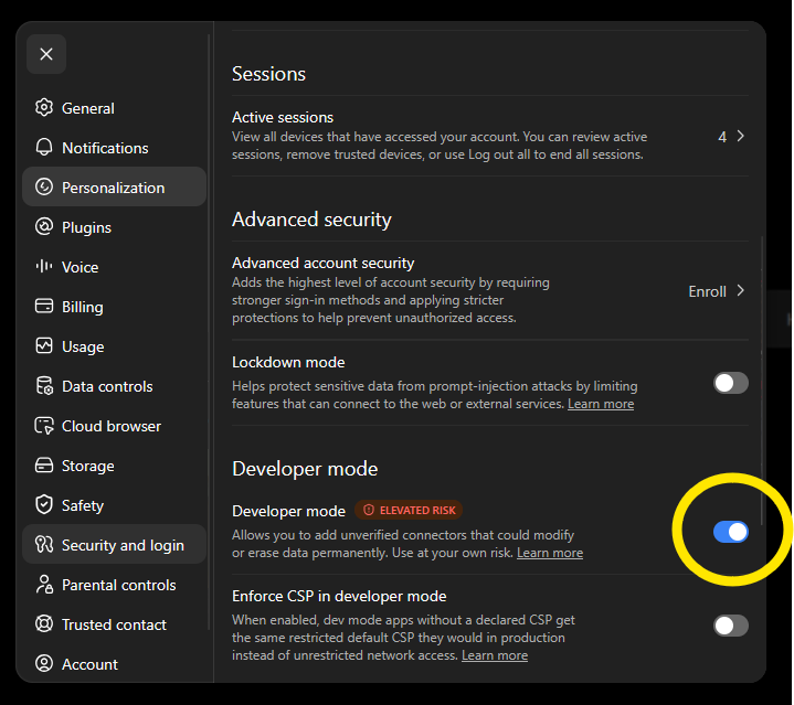 Enable Developer Mode in the ChatGPT security and login settings